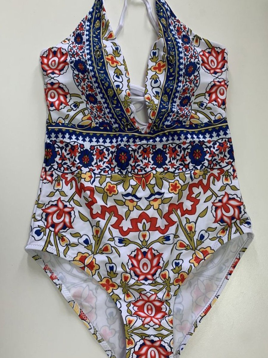 Ethnic Crisscross Strappy Low Back High Leg Deep V One-piece Swimsuit