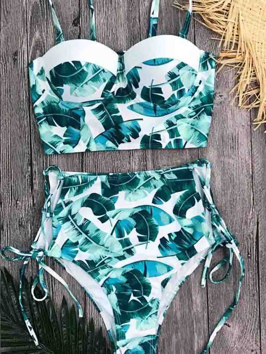 Floral Printed Green Two Pieces Swimsuit