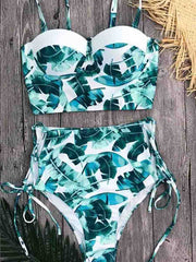 Floral Printed Green Two Pieces Swimsuit