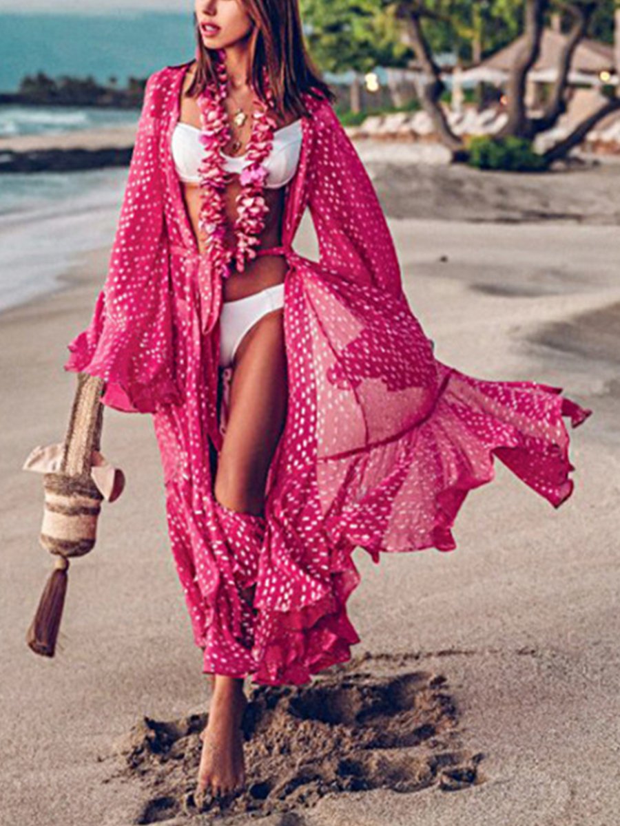 Polka Dot Print Ruffled Long Sleeve Cardigan Beach Holiday Bikini Cover