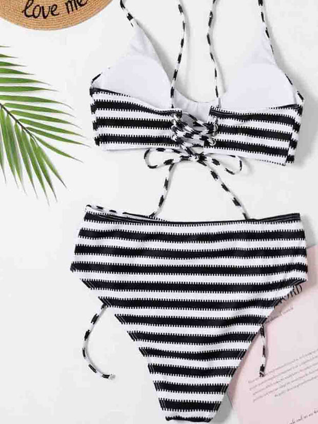 Spaghetti Strap Black Striped Two pieces Swimsuit