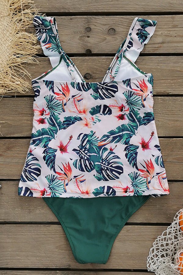 Printed High Waist Ruffle Tankini