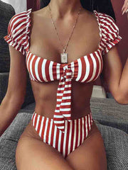 Knot Design Bubble Sleeve Red Striped Two pieces Swimsuit