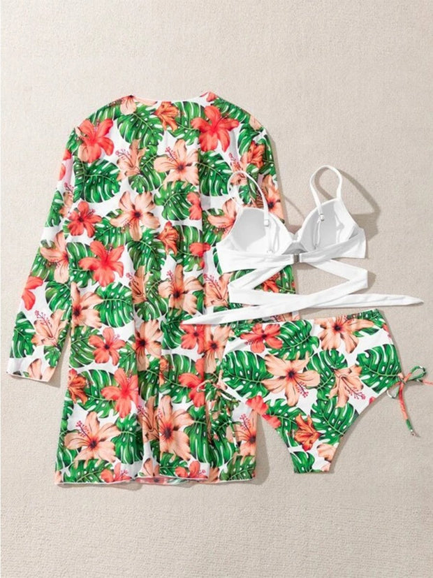 European And American Floral Bikini Three Piece Set