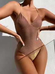 Solid Color V-neck One-piece Swimsuit