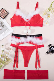 Christmas Fuzzy Trim Pom Pom Decor Garter Lingerie Set