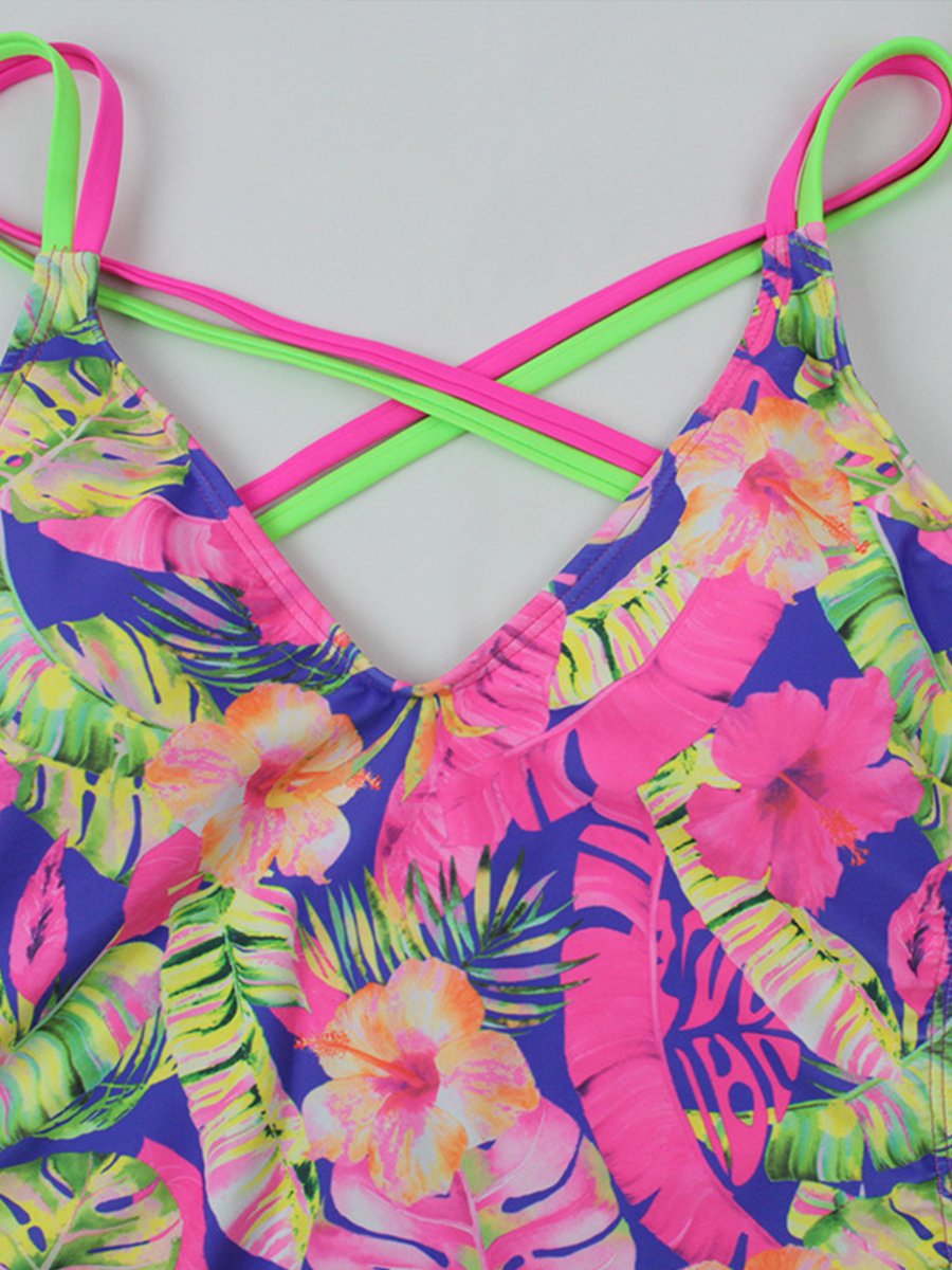 One Piece Swimsuit With Lace Printing Ribbon