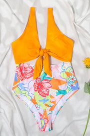 Knotted Cutout Print One-piece Swimsuit