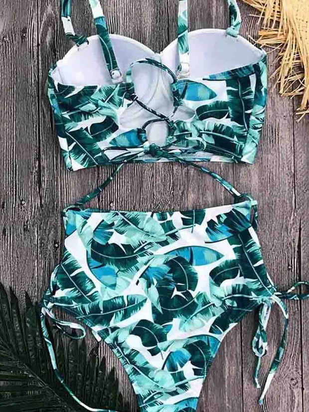 Floral Printed Green Two Pieces Swimsuit