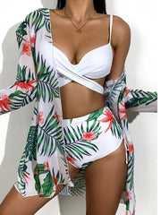 European And American Floral Bikini Three Piece Set