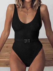 Belt Design Solid One-piece Swimsuit