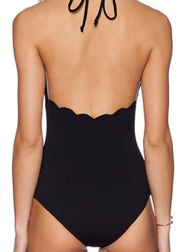 Flounce Design High Neck Halter One-piece Swimsuit (2 Colors)