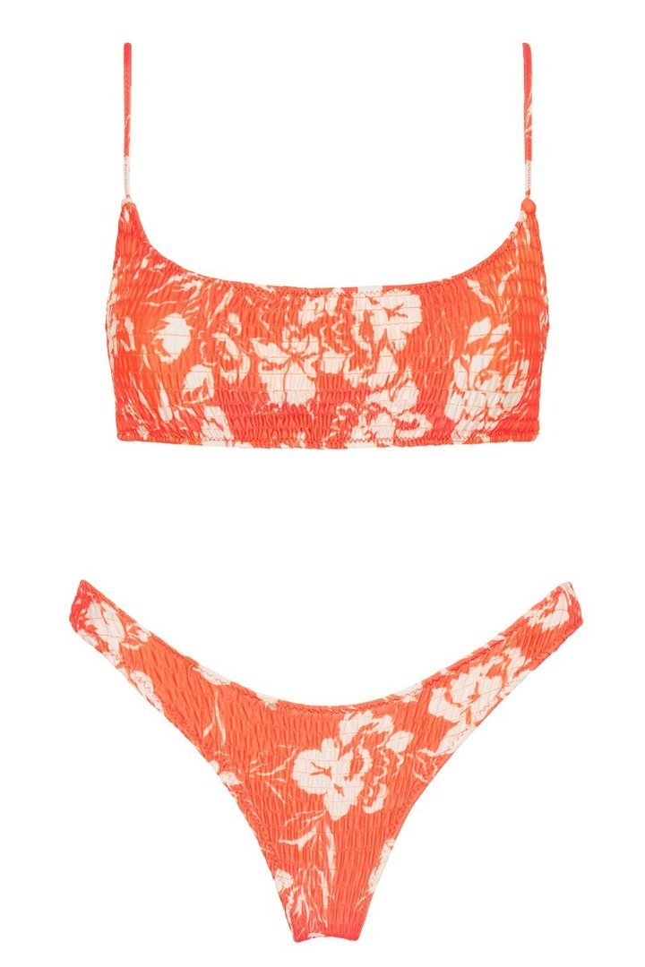 Bandeau Floral Print Patchwork High-cut Bikini Set (3 Colors)