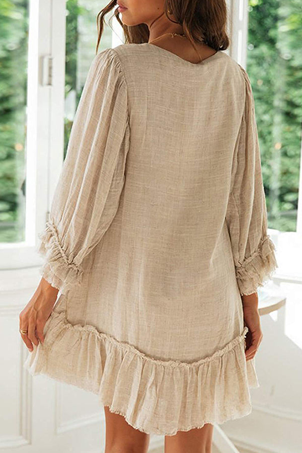 Loose Long Sleeve Ruffle Hem Cotton Linen Dress