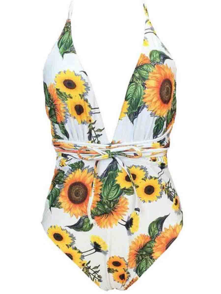 Sunflower Multi Low-back Deep V Brazilian One-piece Swimsuit