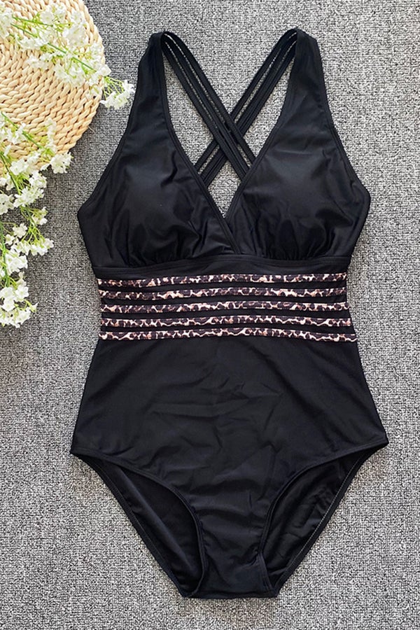 Solid Color Open Back Three-dimensional Striped One-piece Swimsuit