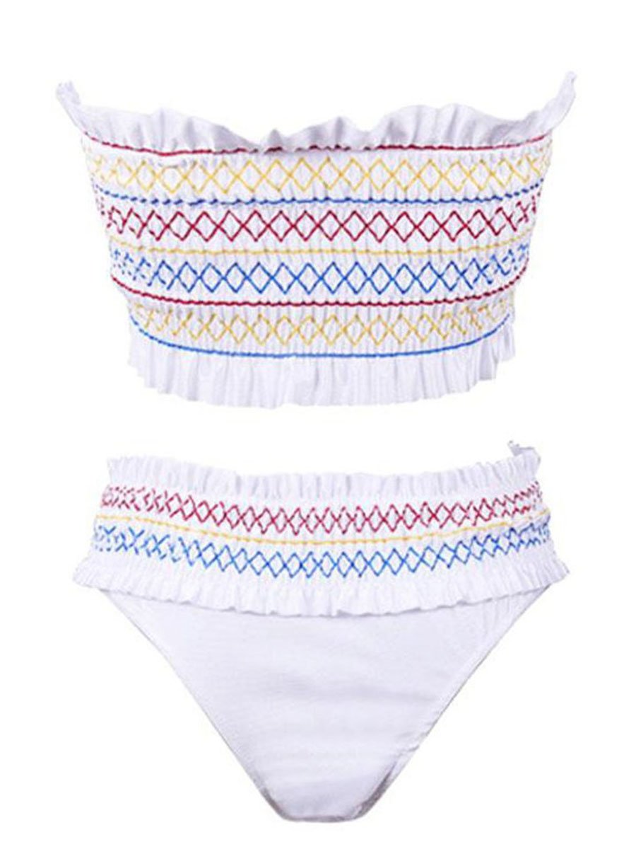 Bandeau Tiny Geometric Print White Two Pieces Swimsuit