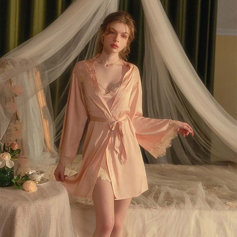 Spring trend pink ice silk high-end nightgown