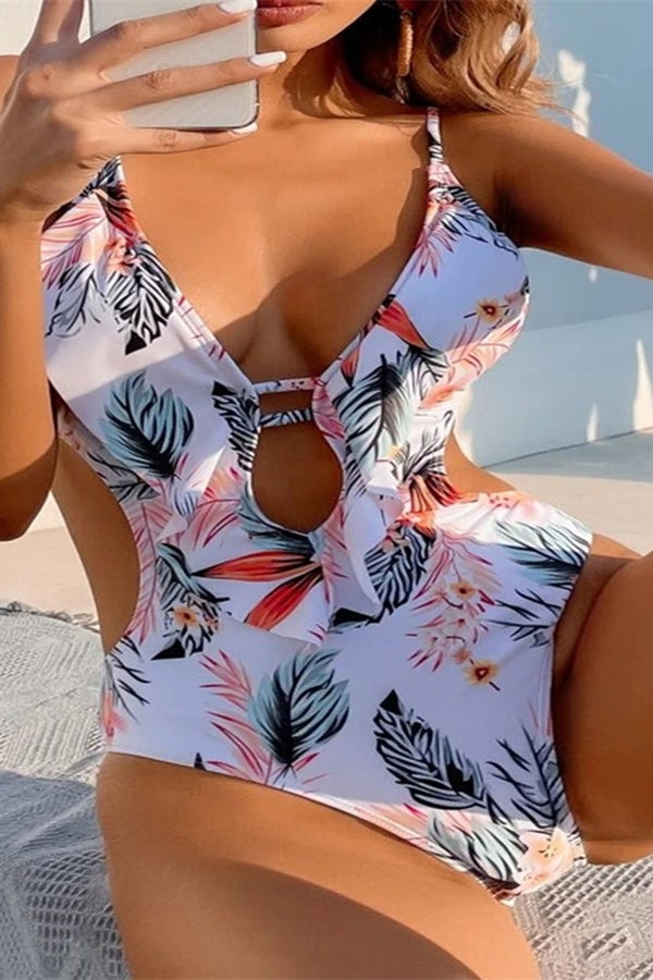 Ruffle Print Waist Cutout One-piece Swimsuit