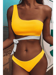 One Shoulder Bandage Design Yellow Bikini Set