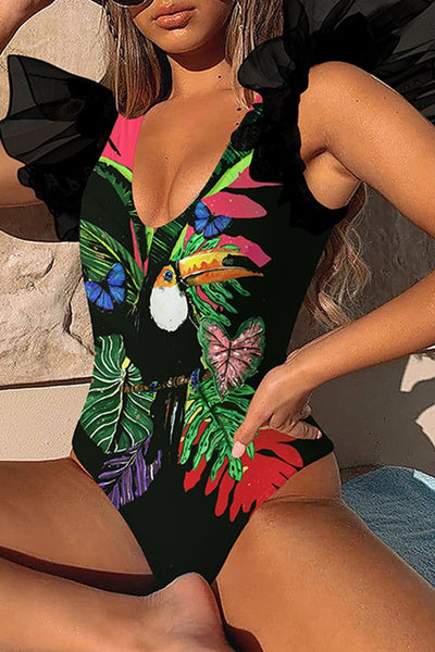 Ruffled V-Neck Print One-Piece Swimsuit