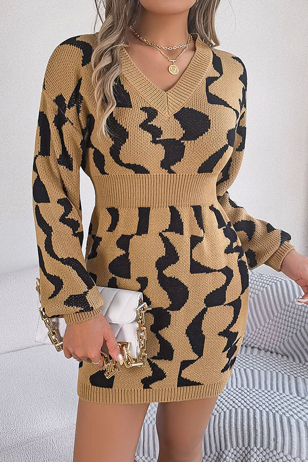 V-neck contrast color long-sleeved waist-hugging sweater dress