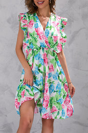 Summer flower waist ruffled sleeveless dress