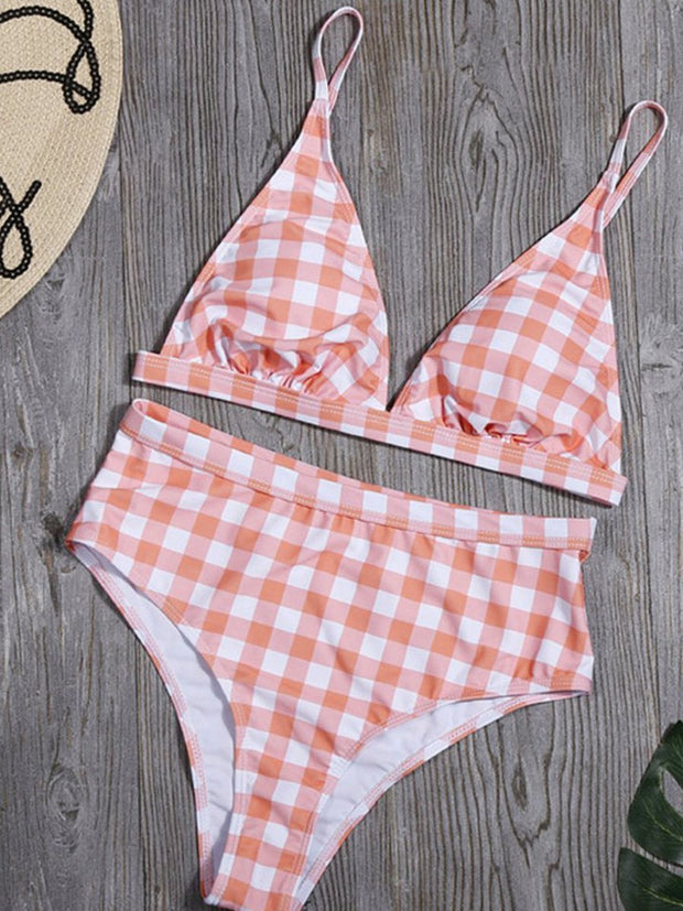 V Neck Plaid Two Pieces Swimsuit (2 Colors)