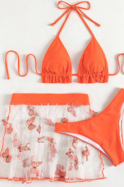 Ruffled Hollow Lace Bikini Three-piece Set