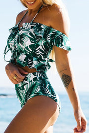 Printed Ruffled Drawstring Off-shoulder Bikini