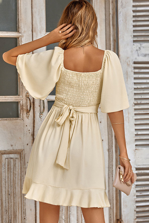 V-neck solid color waist ruffled summer dress