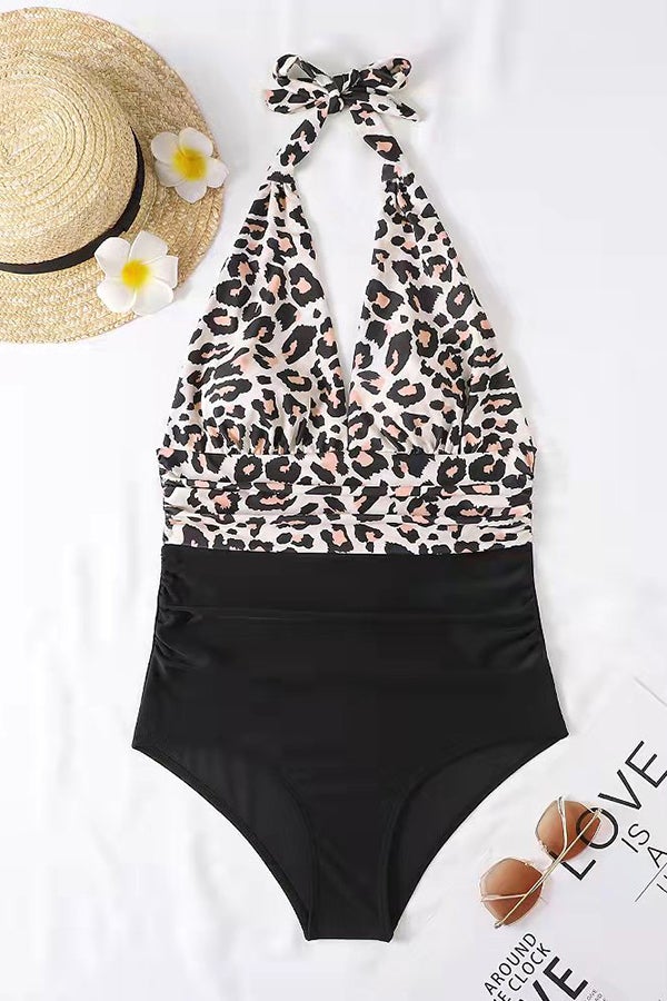 Deep V Open Back Leaf Print One-piece Swimsuit