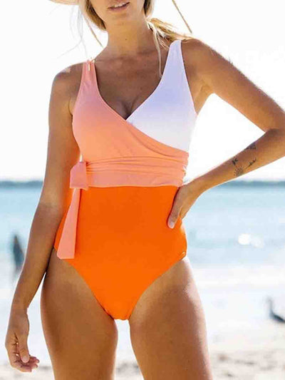 Color-lump Patchwork Orange One-piece Swimsuit