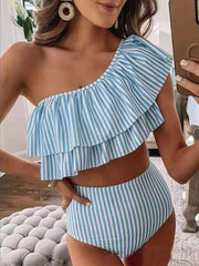 Stripe Printed Ruffle Bikini