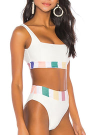 Bandeau Color-lump Patchwork White Bikini Set