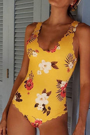 Flounce Design Floral Print Yellow One-piece Swimsuit