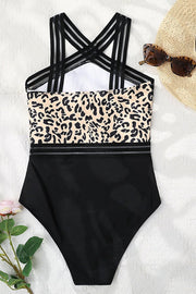 Halter Leopard Pattern Stitching Mesh One-piece Swimsuit