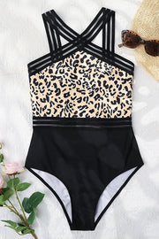 Halter Leopard Pattern Stitching Mesh One-piece Swimsuit