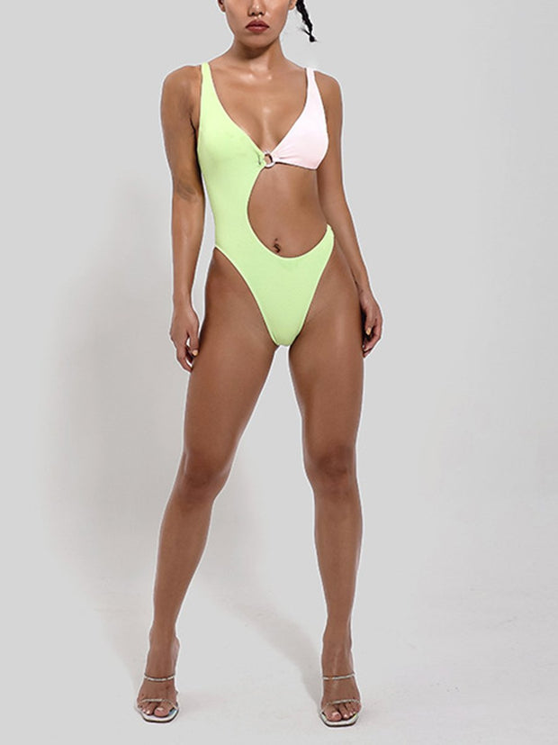 Cut Out One-piece Swimsuit With Contrast Stitching