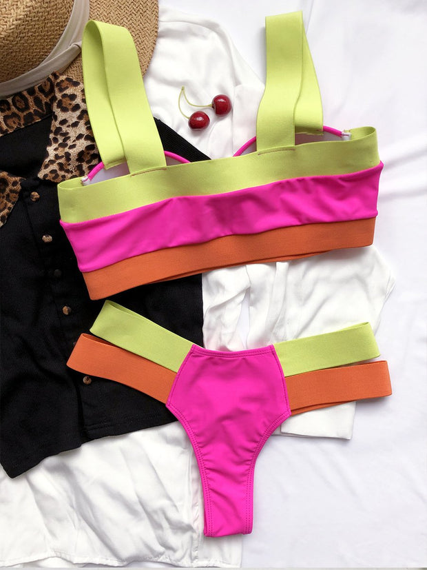 On-Trendy Color Block High Waist Bikini Set