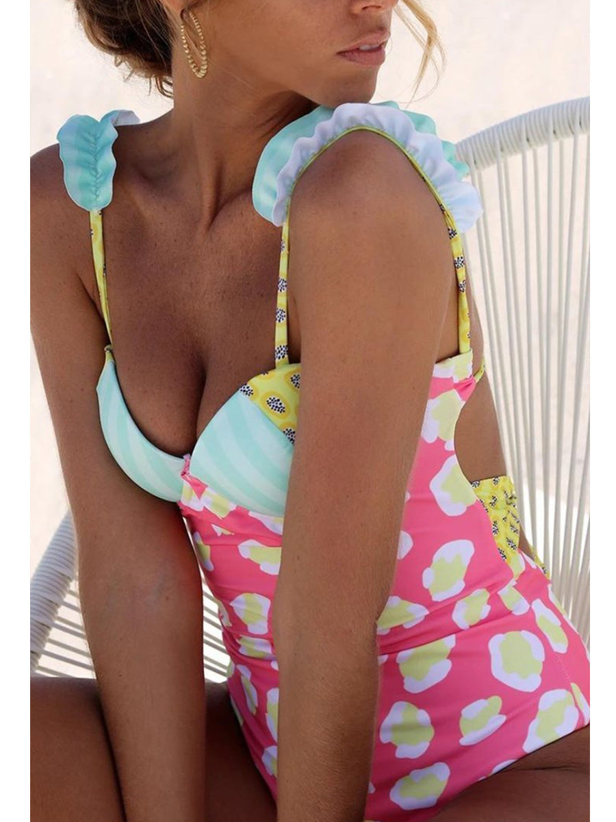 Backless Dot Printed Patchwork Pink One-piece