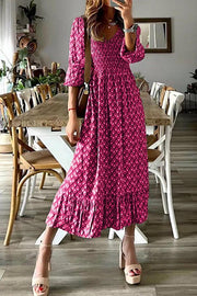 V-neck long skirt waist floral print large swing dress