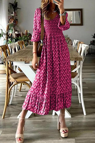 V-neck long skirt waist floral print large swing dress