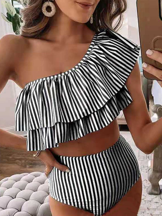 Stripe Printed Ruffle Bikini