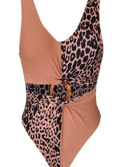 Leopard Print Color Block Cutout O Ring One-piece Swimsuit (2 Colors)