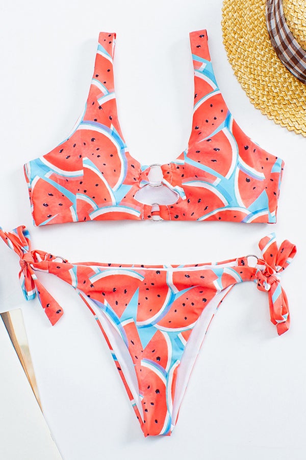 Watermelon Print Ring Hollow Bikini