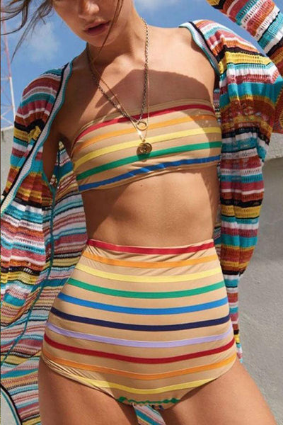 Rainbow State Stripe Print High Waist Bikini Swimsuit