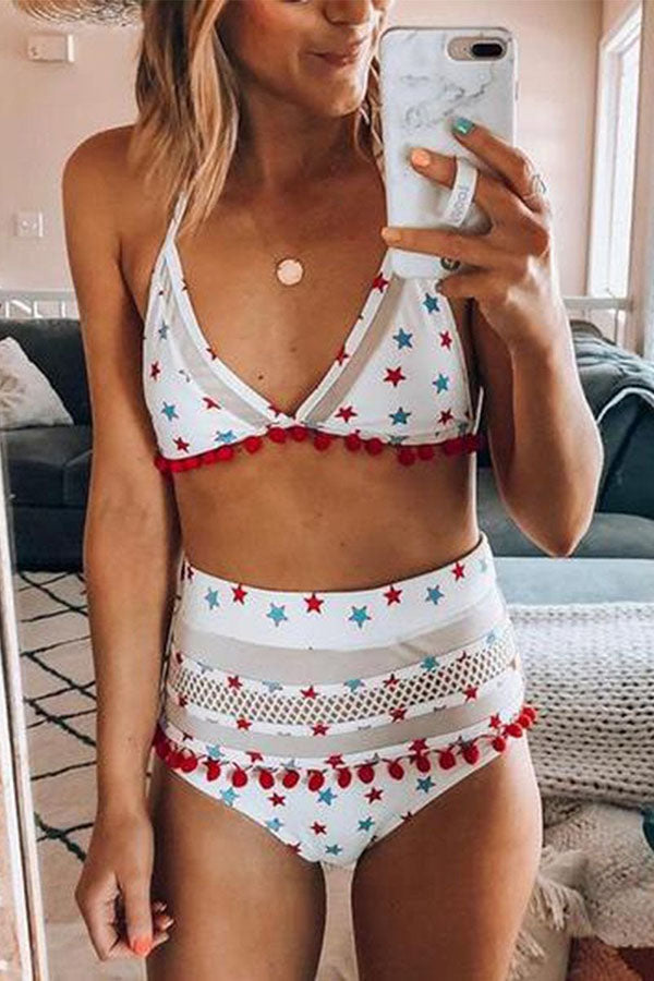 Mesh Stiching Striped/Star Print Tassel Bikini Set