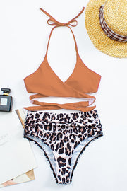 Leopard Cross Open Back High Waist Bikini