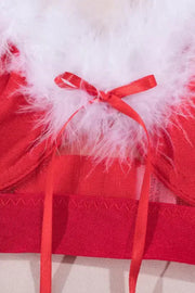 Christmas Fuzzy Trim Pom Pom Decor Garter Lingerie Set